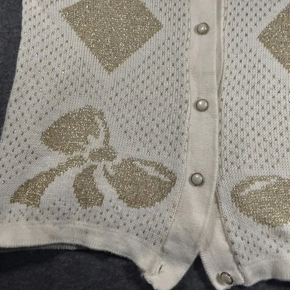 Vintage Cream Metallic Long Sleeve Cardigan Sweater Gold Bow Holiday Pearl - Picture 10 of 15